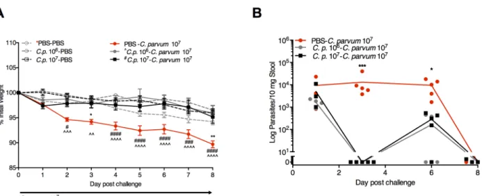Fig 3. C. parvum priming protects against re-challenge despite continuous protein malnutrition
