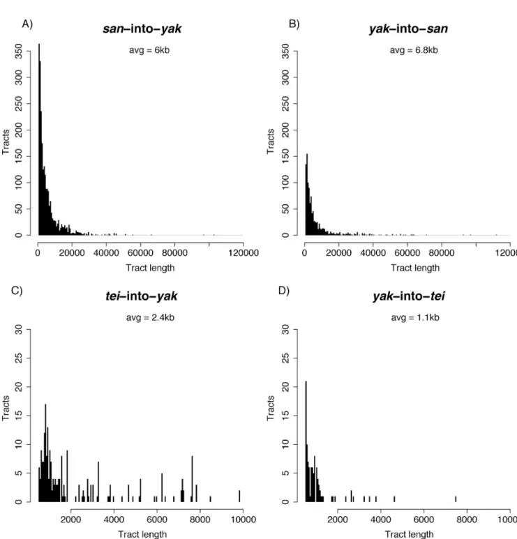 Fig 4. Introgression tracts are generally small. Distributions of tract sizes. Note that tracts smaller than 500bp were not included in the analysis.
