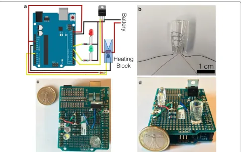 Fig. 2 a Schematic for the connection of the electronics on the Arduino board. b PDMS heating coil, the nichrome resistance wire is a spiral near the PCR vial; the thermistor for controlling the temperature of the heating block is on the bottom of the vial