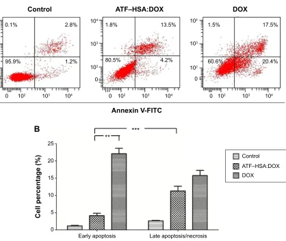 Figure 4 ecIs results for h1299 cells incubated with or without 50 μM aTF–hsa:DOX or DOX.Notes: Time course of the impedance values measured by ECIS at 16,000 Hz using h1299 cells treated with aTF–hsa:DOX (50 μM) or DOX (50 μM) for 12 hours, and the photog