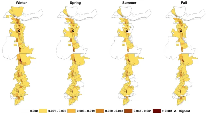 Figure 2.9  PM2.5 concentrations attributable to roadway emissions from the study corridor, as predicted by the  combined MOVES-CAL3QHCR approach (g/m 3 ) by season for the year 2009 