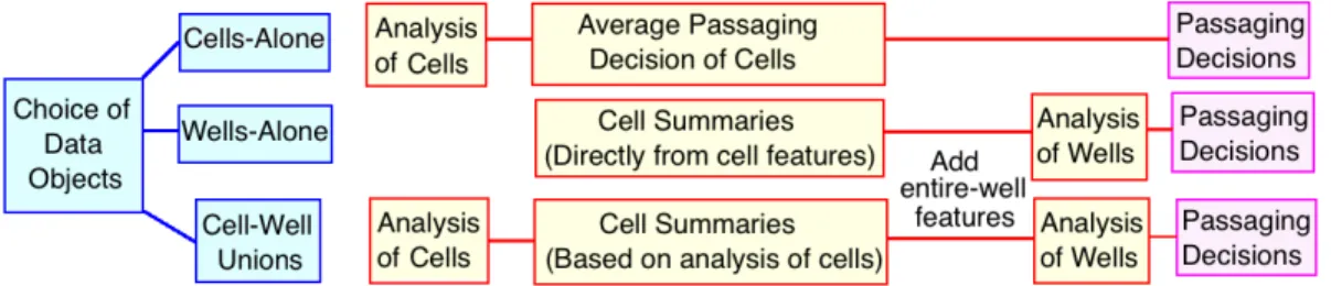 Figure 2.13: Workflows of three different analyses of cell images, oriented by different choices of data objects respectively