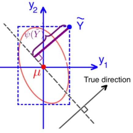 Figure 2.16: The bio-directional coefficient ψ( ˜ Y ) of the summary ˜ Y (blue point) is shown as the purple line in a two dimensional case