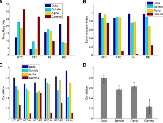 Fig 3. Quantification of thalamic network activity during four oscillatory states (δ, spindle, α and γ oscillations)