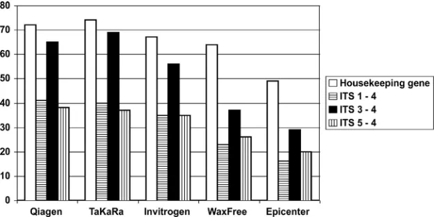 FIG. 1. Comparison of DNA ampliﬁcations using 5 extraction protocols and 3 panfungal PCR primer pairs in 81 FFPE tissues.