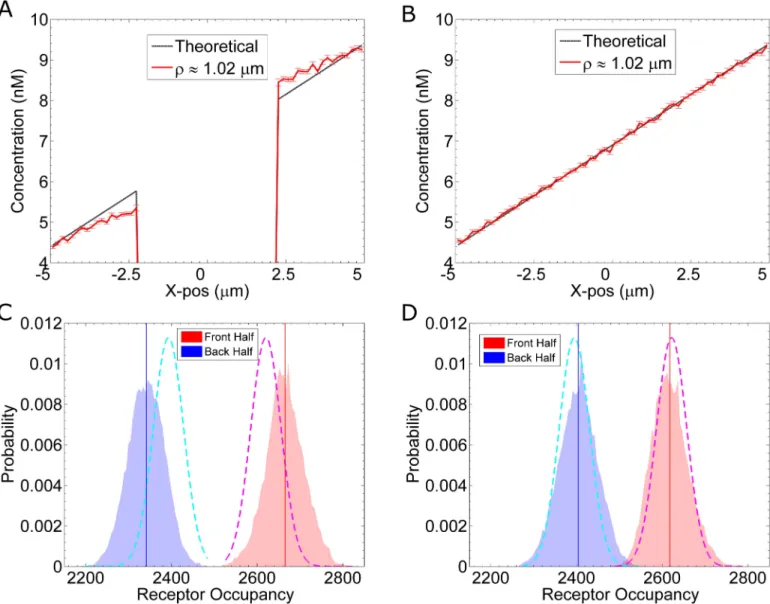 Fig 4. Gradient Sharpening Due to Steric Effects. We plot the pheromone concentration as a function of x, with r ¼ ffiffiffiffiffiffiffiffiffiffiffiffiffiffiy2þ z2
