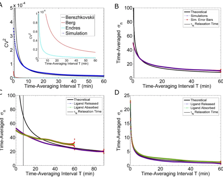 Fig 3. Noise Reduction by Time-Averaging. (A) Comparison of theoretical and simulation results
