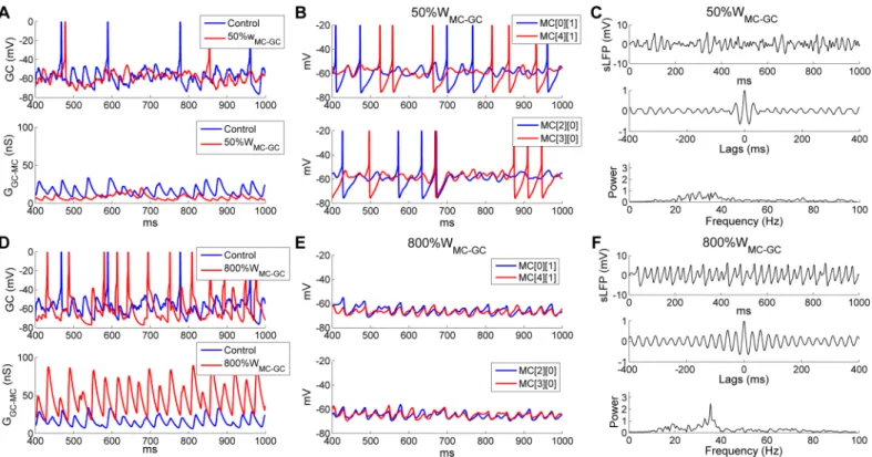 Fig 11. OB gamma oscillations are robust to strongly increased, but not reduced, MC!GC synaptic weights