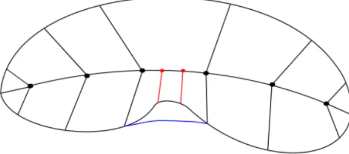 Figure 3.1: An s-rep whose base spokes miss the bump in the object boundary. Fitting via the interpolated spokes (red) can detect and help correct this problem.