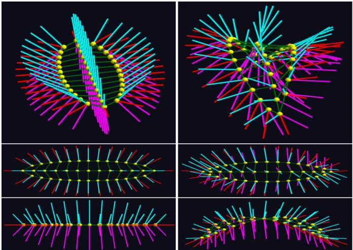 Figure 4.3: Three views of an ellipsoid s-rep before (left) and after (right) application of computed mean deformation