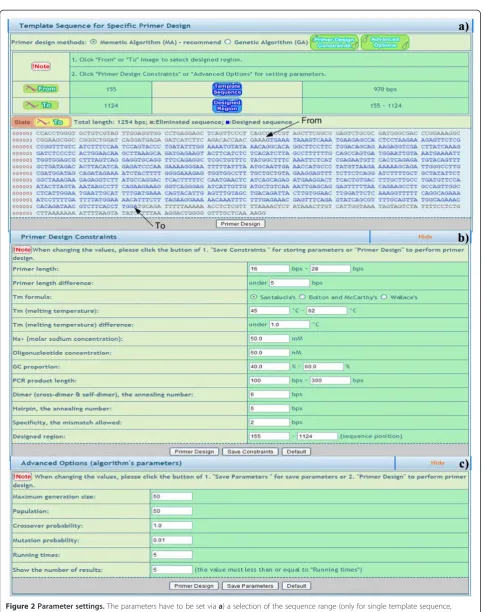 Figure 2 Parameter settings. The parameters have to be set via a) a selection of the sequence range (only for single template sequence,“From” and “To” are indicated by arrow lines), b) input of primer design constraints, and c) primer design algorithm parameter adjustment.
