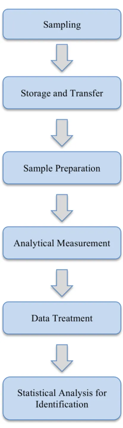Figure 1-1. Workflow of a standard metabolomics experiment. The specific steps within each process  will vary depending on the sample, analysis method, as well as the overall goal of the analysis
