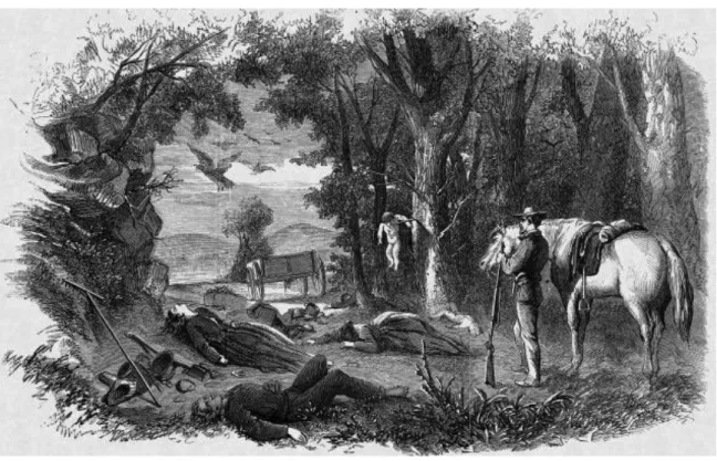 Figure 9: “Indian Outrages in the Northwest--An American Family Murdered by the Sioux Indians,  in a Grove Near New Ulm, Minnesota,” from Frank Leslie’s Illustrated Newspaper.