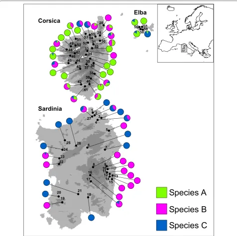 Fig. 1 Geographic location of the 59 sites sampled within the Tyrrhenian Islands. Localities are numbered as in Table 1