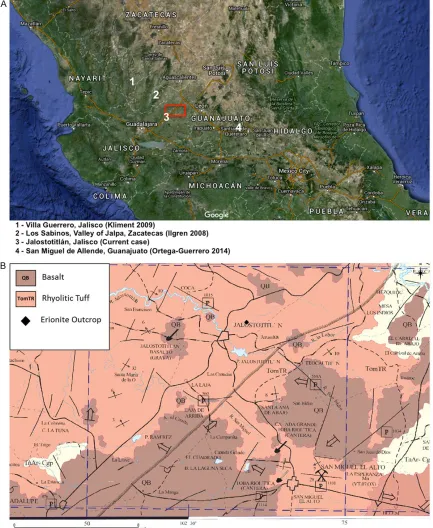 Figure 1. Summary of Mexican malignant mesothelioma reports. A. Map of the Mexican Volcanic Belt region show-ing the proximity of areas with known cases of erionite-associated mesothelioma (1, 3) or elevated mesothelioma rates (2, 4)