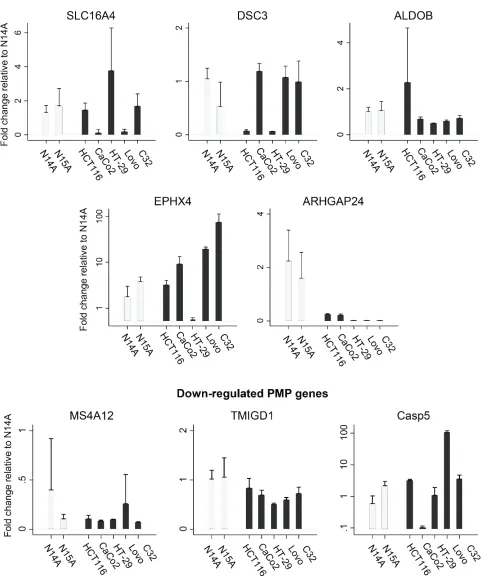 Figure 5: In order to validate the comparative analyses observed in the Oncomine database, we determined qPCR gene expression for candidate up-regulated and down-regulated PMP genes in N14A and N15A relative to 5 colon cancer cell lines