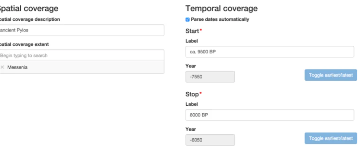 Figure 4 Part of the interface for editing period definitions. Labels for temporal extent boundaries are taken verbatim from the source, entered as free text, and automatically parsed into ISO 8601 year representations