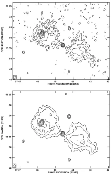 Fig. 1. Two contour plots of the giant radio source DA 240 at a frequency of 325 MHz. The upper plot is from the WENSS  sur-vey