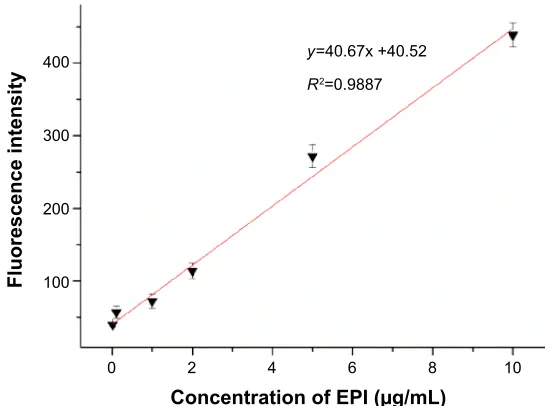 Figure S4 Calibration of relative fluorescence intensity of EPI in different solvents.Notes: To exclude the fluorescent quantum yields of EPI dissolved in ethanol and other buffer solutions, the released EPI from PSSG–EPI (20 μg/ml) in the supernatants was