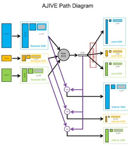 Figure 3.1: Flow chart demonstrating the main steps of AJIVE. First low rank approximation of each data block is obtained on the right