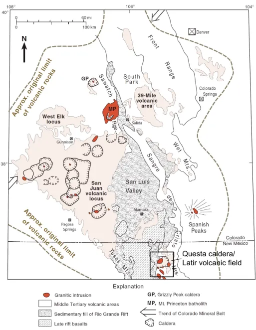Fig. 2.1 :  Geologic map showing calderas in the Southern Rocky Mountain volcanic field modified from  Lipman (2007) and originally from McIntosh and Chapin (2004)