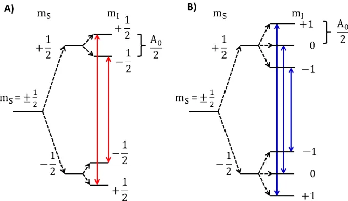 Figure 1.2: An energy level diagram showing the effect of a single hyperfine interaction, with a hyperfine coupling  constant of  A