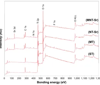 Figure 3 XrD patterns acquired from samples with four different surfaces (n=8).Abbreviations: MT, micro titanium surface; MNT-sr, micro/nanorough strontium-loaded Ti; NT-sr, nano strontium-containing titanium surface; sT, smooth titanium surface; XrD, X-ray diffraction.