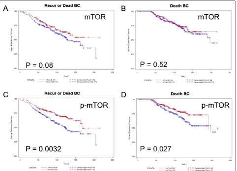 Figure 1 Kaplan-Meier estimates of relapse free survival from breast cancer recurrence (A, C) or breast cancer specific death (B, D)with respect to expression of total mTOR (A, B) and p-mTOR (C, D)