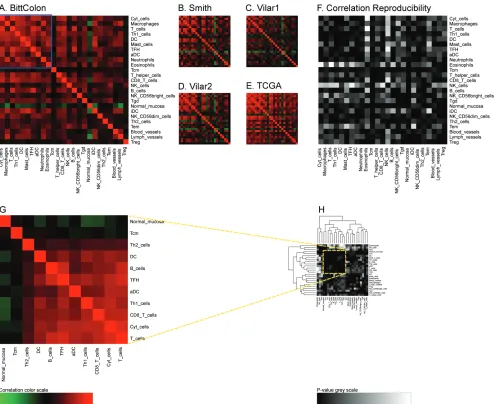 Figure 3: Immune metagene correlations (A-e) and correlation reproducibility pHeatmap representation of metagene correlation matrices, in the 5 datasets of melanoma transcriptome (blue rectangle corresponds to reproducible metagenes of Figure 1)