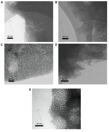Figure 2 TEM micrographs of the different prepared mesoporous titania films.Notes: TEM micrographs of the different prepared mesoporous titania films using the following templates: (A) cTaB, (B) BrIJ s10, (C) P123, (D) P123:PPg with a ratio of 1:0.5 (PPg-0.5), and (E) P123:PPg with a ratio of 1:1 (PPg-1).Abbreviations: CTAB, cetyltrimethylammonium bromide; PPG, poly(propylene glycol); TEM, transmission electron microscopy.