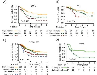 Figure 3: Survival analysis of metastatic melanomas stratified by gene expression phenotype using the Kaplan-Meier estimator to determine