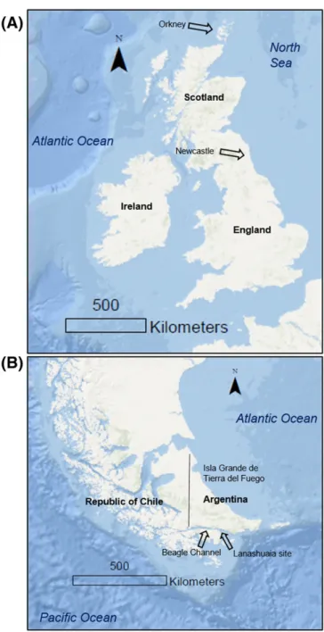 Fig. 1. Maps of study locations. (A), Map of study site in Newcastle and Orkney, United Kingdom