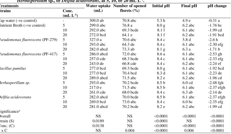 Table 2. Effect of different concentrations of various bacterial strains on water uptake, number of opened florets,  and pH changes of ‘Mammoth’ gladiolus