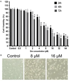 Figure 1. Effects of Sim on the cell growth of MNNG/HOS cells. A. MNNG/HOS cells were treated with 0.5, 1, 2, 4, 8, 16, 32, 64 µM μM of Sim for 24, 48 and 72 h