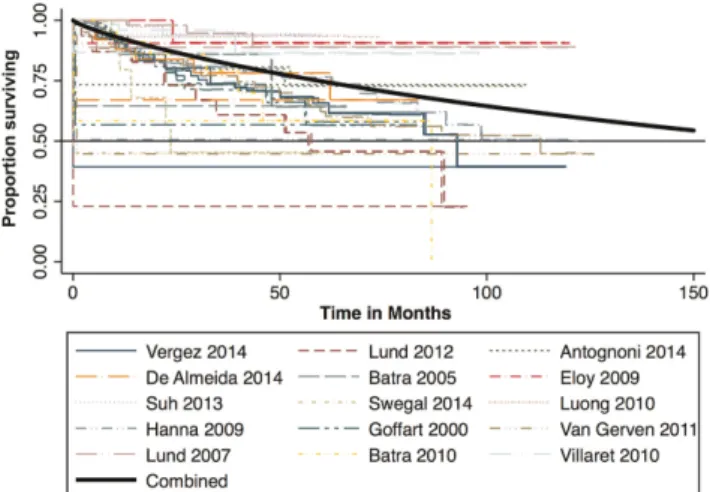 Figure 7). In the pooled group, there was still a statisti- statisti-cally significant difference in survival between high- and low-grade malignancies even once SNAC was excluded (P = .010; Figure 8).