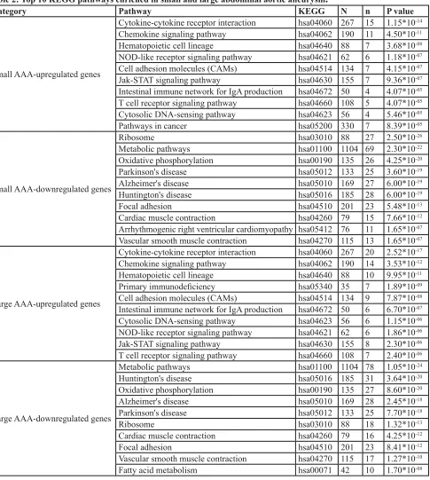 table 2: top 10 KeGG pathways enriched in small and large abdominal aortic aneurysm.