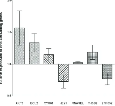 Figure 3: Expression levels of genes containing ARE-sequence in HTLA-230 and SH-SY5Y cells treated with miR-659-3p mimic and inhibitor