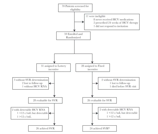 Figure 1.  Screening, randomization, and follow-up analyses. HCV, hepatitis C virus; RNA, ribonucleic acid; SVR, sustained virologic response.