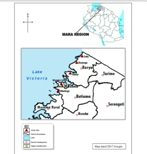 Fig. 1 Map of Tanzania showing Rorya and Butiama districts and the study villages in each district (Adapted from google: https://www.google.com/search?q=tanzania+maps)