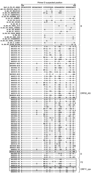 FIG. 3. Comparative alignment of HIV-1 subtype B and non-B strains in the gagreference subtype B sequence HXB2, the region spans nucleotides 2259 to 2308