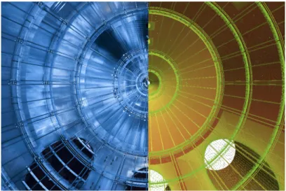 Figure 5.1: A side-by-side comparison of a photograph looking downstream inside KATRIN’s main spec- spec-trometer (left) and its representation in KGeoBag (right).