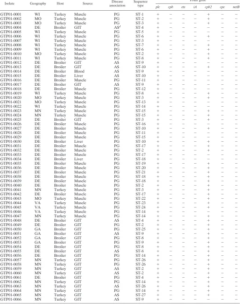 TABLE 1. Characterization of isolates by sequence type, disease association, and toxin genes