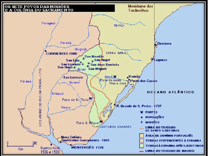 Figura 1: A localização da Colônia do Sacramento e o Rio da Prata e a área das missões jesuíticas na  fronteira com a Argentina e o Paraguai