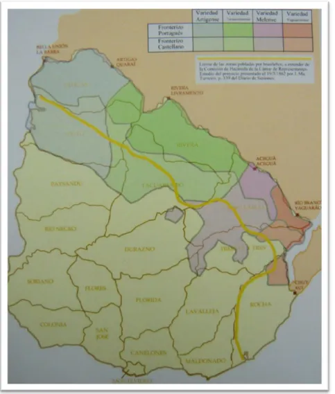Figura 3: Mapa da zona fronteiriça segundo Rona (1959), em que a linha amarela aponta a limite da  zona povoada por brasileiros em 1861 e em que mostra as quatro variedades do fronteiriço