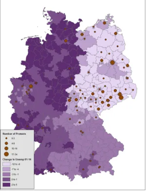 Figure 2: Change in Unemployment 2001-2014 and Protests
