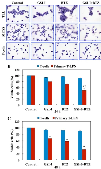 Figure 2: Combined treatment with GSI-I and BTZ induces apoptosis and decreases the viability of primary T-LPN, but not of normal human T lymphocytes