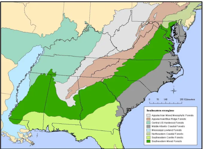 Figure 2.1 Geographic area of analysis for the Southeastern U.S., including state and ecoregional boundaries.