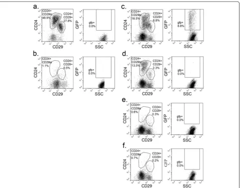 Figure 5 Serial transplants of H2BGFP/CD24/CD29 populations. Flow cytometric analysis of CD24/CD29 (left) and H2BGFP expression (right)in: (a) wild type control mammary glands; (b) cleared mammary fat pads; and recipients of: (c) H2BGFP+/CD24+/CD29+ cells;