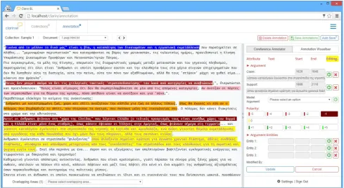 Figure 4: CLARIN-EL Annotation tool UI for annotating a document.