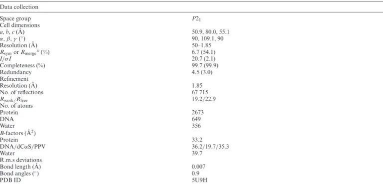 Table 1. Data collection and refinement statistics of a ternary pol ␤:DNA co-complex with the inserted S p -isomer of dCTP( ␣S) Data collection Space group P2 1 Cell dimensions a, b, c ( ˚ A) 50.9, 80.0, 55.1 α, β, γ ( ◦ ) 90, 109.1, 90 Resolution ( ˚ A) 5